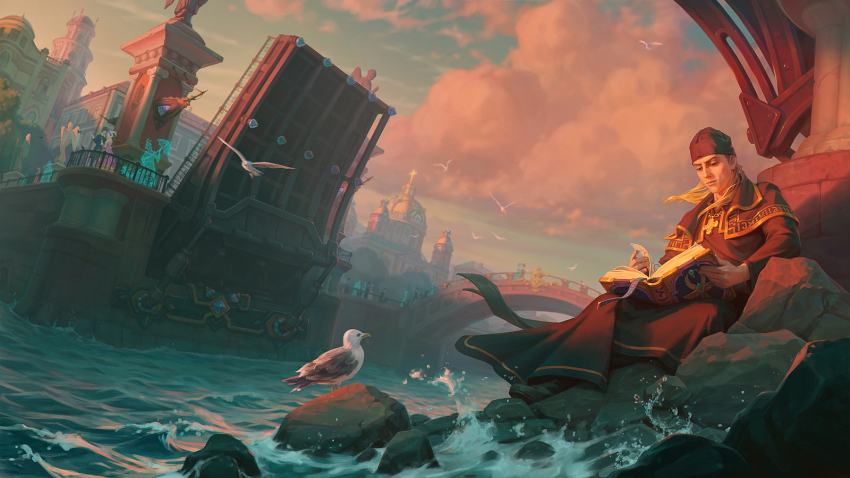 1boy alexandr_leskinen bandana bird black_bandana black_robe blonde_hair book city cloud day highres holding holding_book open_book original outdoors reading robe rock seagull sitting solo water