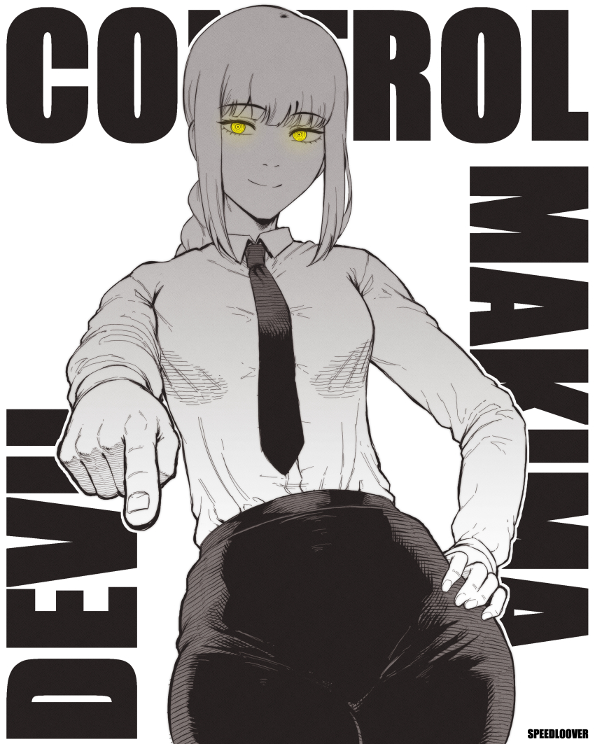 1girl absurdres artist_name black_necktie braid chainsaw_man closed_mouth collared_shirt commentary dress_shirt english_commentary english_text greyscale hand_on_own_hip highres long_hair looking_at_viewer makima_(chainsaw_man) monochrome necktie pants pointing pointing_at_viewer shirt simple_background smile solo speedl00ver spot_color yellow_eyes