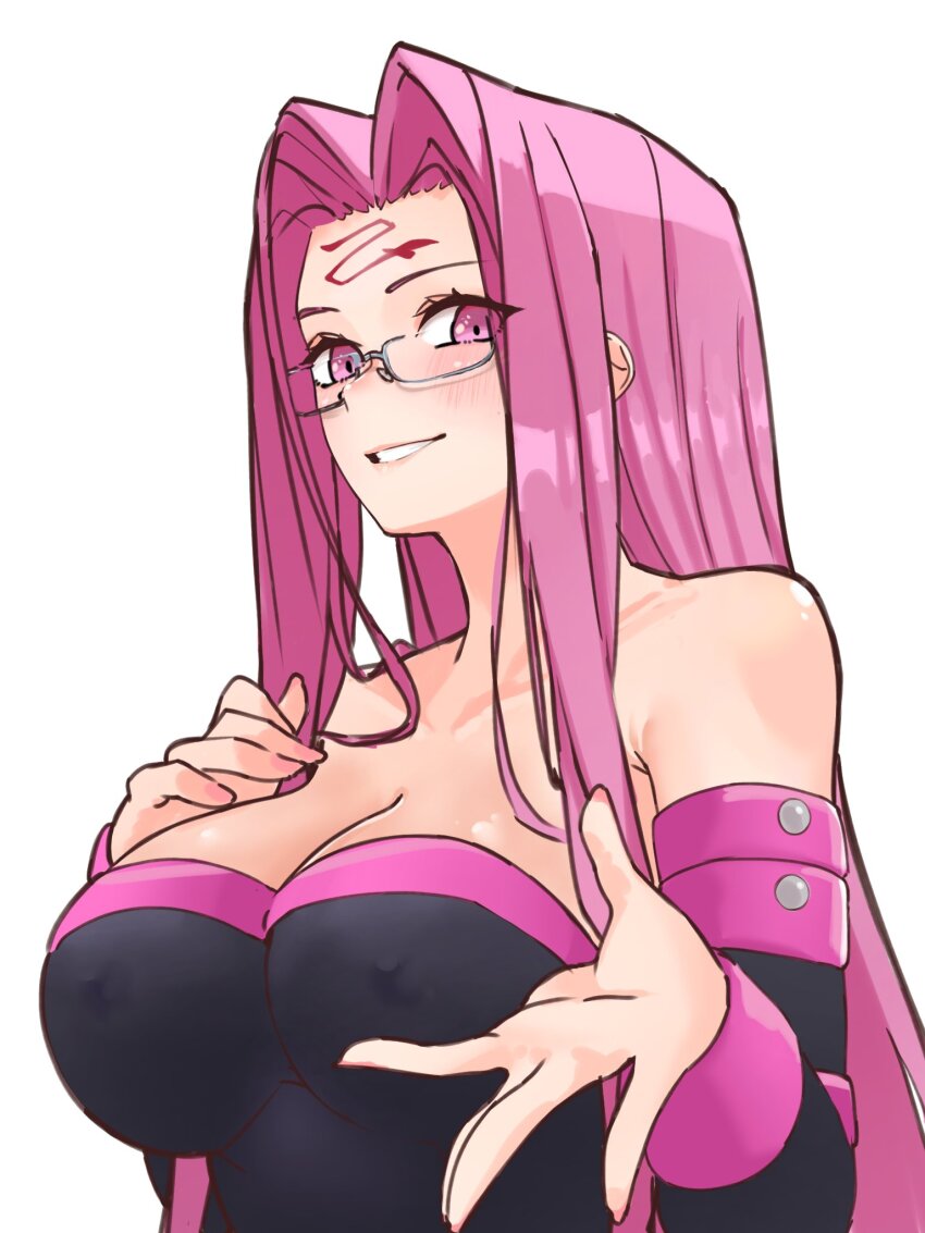 1girl breasts covered_erect_nipples facial_mark fate/stay_night fate_(series) forehead forehead_mark highres large_breasts las medusa_(fate) medusa_(rider)_(fate) niwaikanai purple_eyes purple_hair simple_background solo upper_body white_background