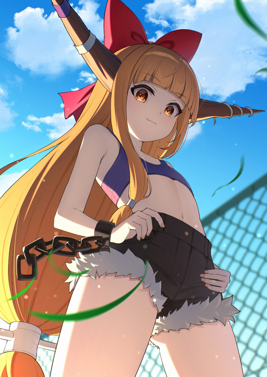 1girl alternate_costume black_shorts blue_sky blunt_bangs bow brown_horns chain chain-link_fence closed_mouth cloud commentary_request cowboy_shot cuffs day denim denim_shorts fang fence flat_chest from_below fur-trimmed_shorts fur_trim hair_bow hand_on_own_hip highres horn_bow horn_ornament horn_ribbon horns ibuki_suika long_hair looking_at_viewer low-tied_long_hair navel oeyama orange_eyes orange_hair outdoors purple_sports_bra red_bow ribbon shackles shorts skin_fang sky solo sports_bra standing stomach touhou very_long_hair white_ribbon