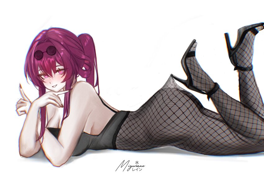 1girl absurdres artist_name black_pantyhose black_tank_top breasts cleavage commentary english_commentary eyewear_on_head fishnet_pantyhose fishnets from_side high_heels highres honkai:_star_rail honkai_(series) hooked_on_heel kafka_(honkai:_star_rail) lace_pantyhose_hooked_on_heel_(meme) large_breasts looking_at_viewer medium_hair meme mizurane pantyhose purple_eyes purple_hair simple_background smile solo sunglasses tank_top white_background