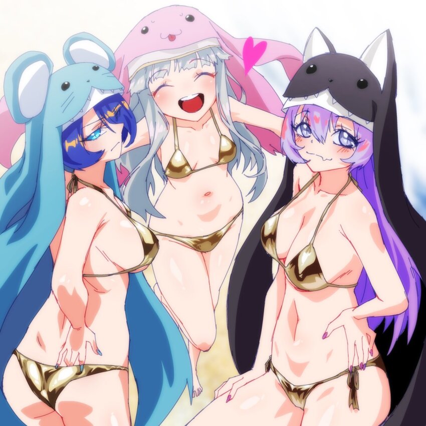 3girls ass bikini blue_hair breasts closed_eyes cowboy_shot digimon digimon_(creature) gerusyu gold_bikini golden_week golden_week_bikini grey_hair group_picture heart highres medium_breasts multiple_girls nail_polish navel nun purple_hair side-tie_bikini_bottom sistermon_blanc sistermon_ciel sistermon_noir small_breasts swimsuit