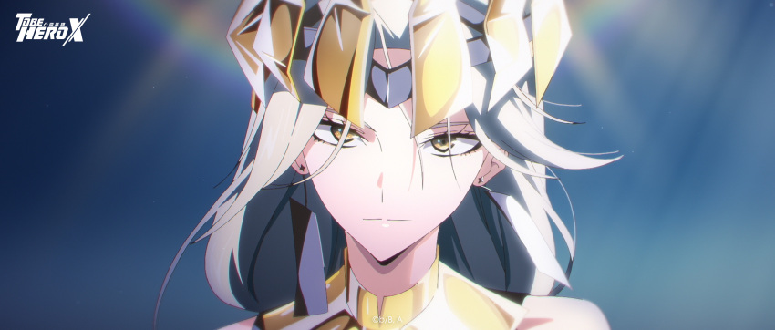1girl absurdres anime_screenshot chinese_commentary close-up collar commentary_request copyright_logo crown dog_tags earrings head_tilt highres jewelry lens_flare light_rays logo long_hair looking_at_viewer official_art queen_(to_be_hero_x) rainbow serious shirt single_earring sleeveless sleeveless_shirt solo to_be_hero to_be_hero_x upper_body white_hair yellow_eyes