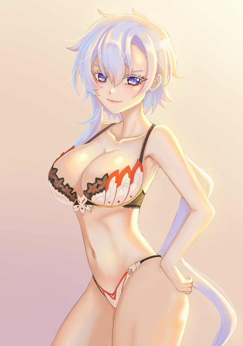 1girl absurdres bra breasts cleavage closed_mouth collarbone colored_eyelashes der_zweite grey_hair highres liora_walkyria lips long_hair multicolored_bra multicolored_clothes navel panties purple_eyes solo underwear v&amp;u_entertainment virtual_youtuber white_bra white_panties