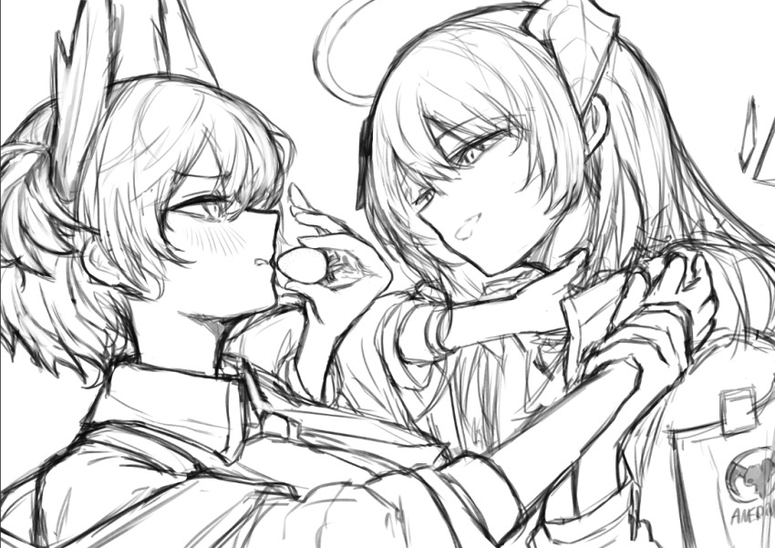 2girls arknights blush commentary_request egg eye_contact face-to-face fiammetta_(arknights) food greyscale halo holding holding_another&#039;s_wrist holding_egg holding_food horns long_hair looking_at_another monochrome mostima_(arknights) multiple_girls profile sakikov short_hair simple_background sketch smile upper_body white_background yuri