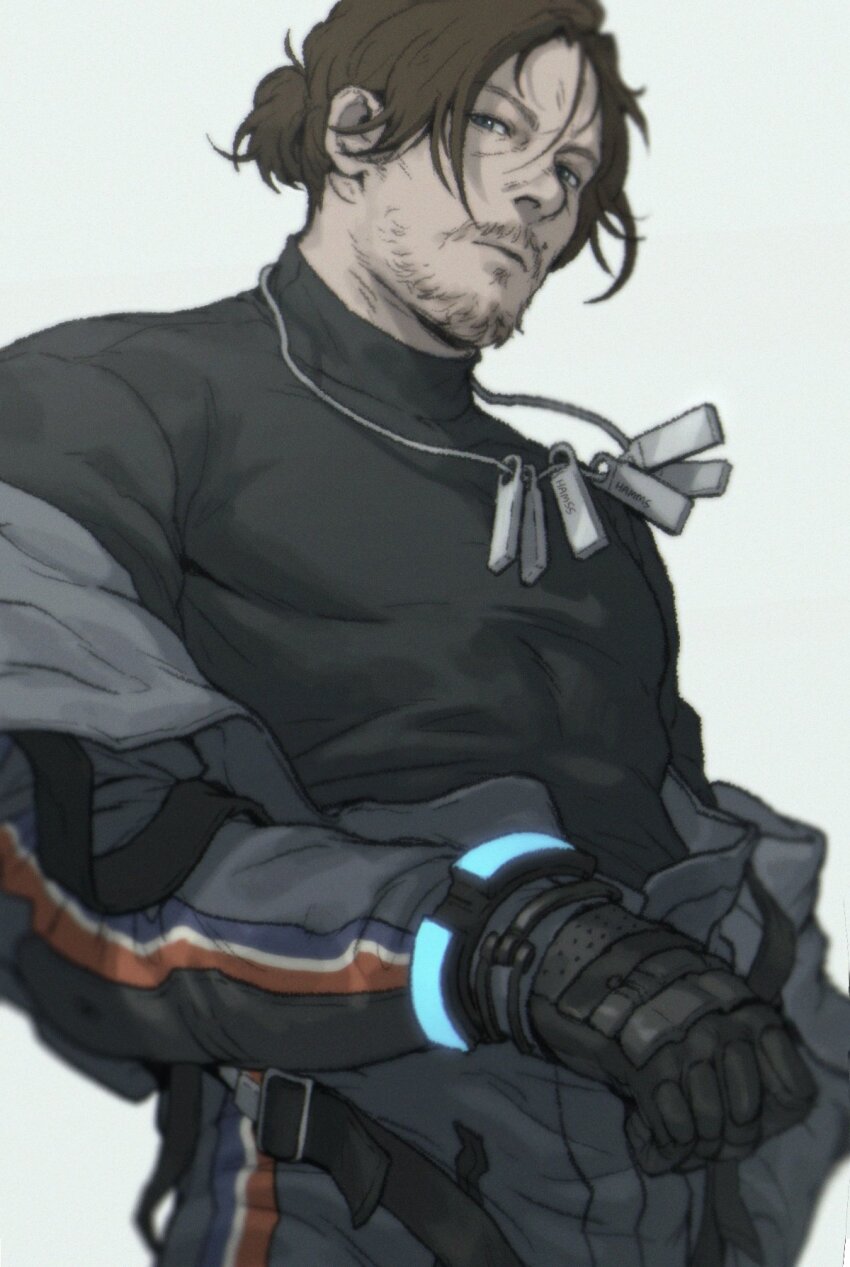 1boy bara black_gloves black_hair black_shirt blue_eyes bracelet closed_mouth death_stranding facial_hair gloves goatee hamms_hamss highres jewelry looking_at_viewer male_focus mature_male muscular muscular_male mustache necklace open_clothes ponytail sam_porter_bridges shirt short_hair simple_background solo spacesuit white_background