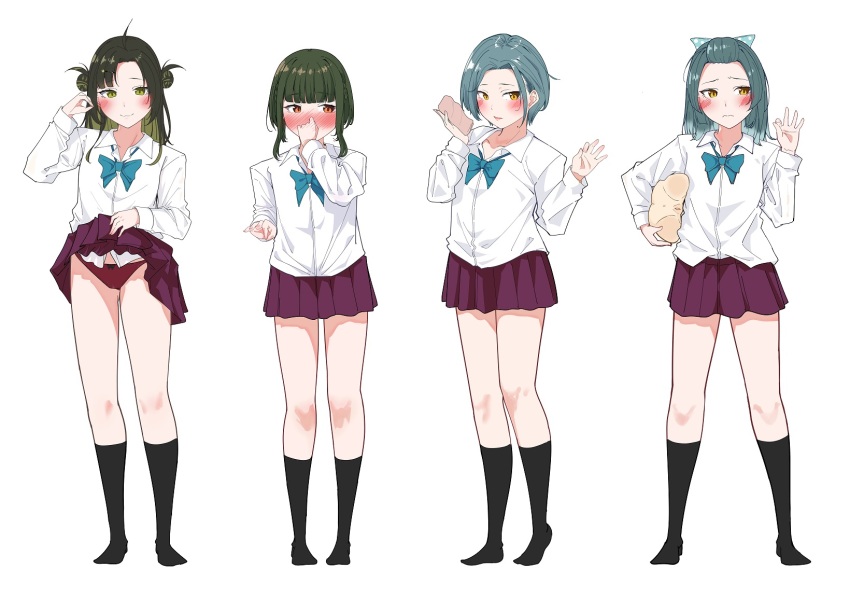 4girls adapted_costume ahoge alternate_costume aqua_bow aqua_bowtie aqua_ribbon artificial_vagina black_hair black_socks blush bob_cut bow bowtie brown_eyes clothes_lift collared_shirt colored_inner_hair dildo double_bun forehead green_hair grey_eyes grey_hair hair_bun hair_ornament hair_ribbon hairclip half_updo highres holding holding_sex_toy kantai_collection lifting_own_clothes long_hair long_sleeves makinami_(kancolle) medium_hair miniskirt mole mole_on_neck multicolored_hair multiple_girls panties pleated_skirt polka_dot polka_dot_ribbon purple_skirt red_panties ribbon sex_toy shirt short_hair short_hair_with_long_locks sidelocks skirt skirt_lift socks suzunami_(kancolle) swept_bangs takanami_(kancolle) tamanami_(kancolle) underwear white_shirt yellow_eyes yungel