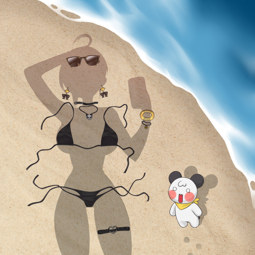 1girl ahoge bangle beach bikini black_bikini black_choker blush bow bow_earrings bracelet choker dressed_shadow_(meme) earrings footprints highres holding holding_phone indie_virtual_youtuber jewelry meme necklace o-ring o-ring_thigh_strap park_dona phone shadow side-tie_bikini_bottom southhot sunglasses swimsuit thigh_strap unworn_bikini unworn_choker unworn_clothes unworn_earring unworn_eyewear unworn_jewelry unworn_necklace virtual_youtuber