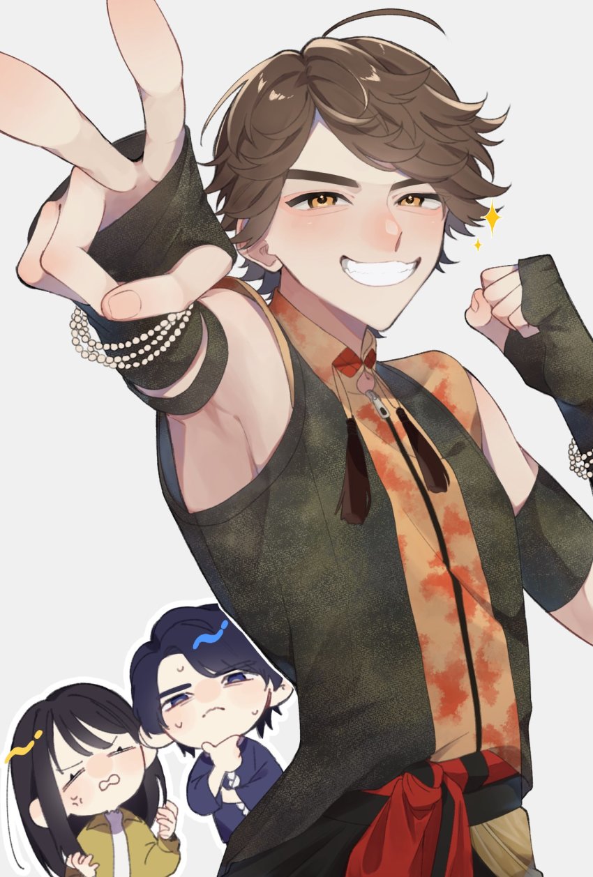 1girl 2boys ahoge anger_vein animification armpits avataro_sentai_donbrothers beads blue_jacket brown_hair chibi chibi_inset chinese_clothes clenched_hand commentary_request detached_sleeves fingerless_gloves foreshortening gloves highres index_finger_raised jacket japanese_clothes kito_haruka momotani_jiro multiple_boys saruhara_shinichi shirt sktm_0429 smile solo_focus super_sentai sweatdrop thinking white_background white_shirt yellow_jacket zipper zipper_pull_tab