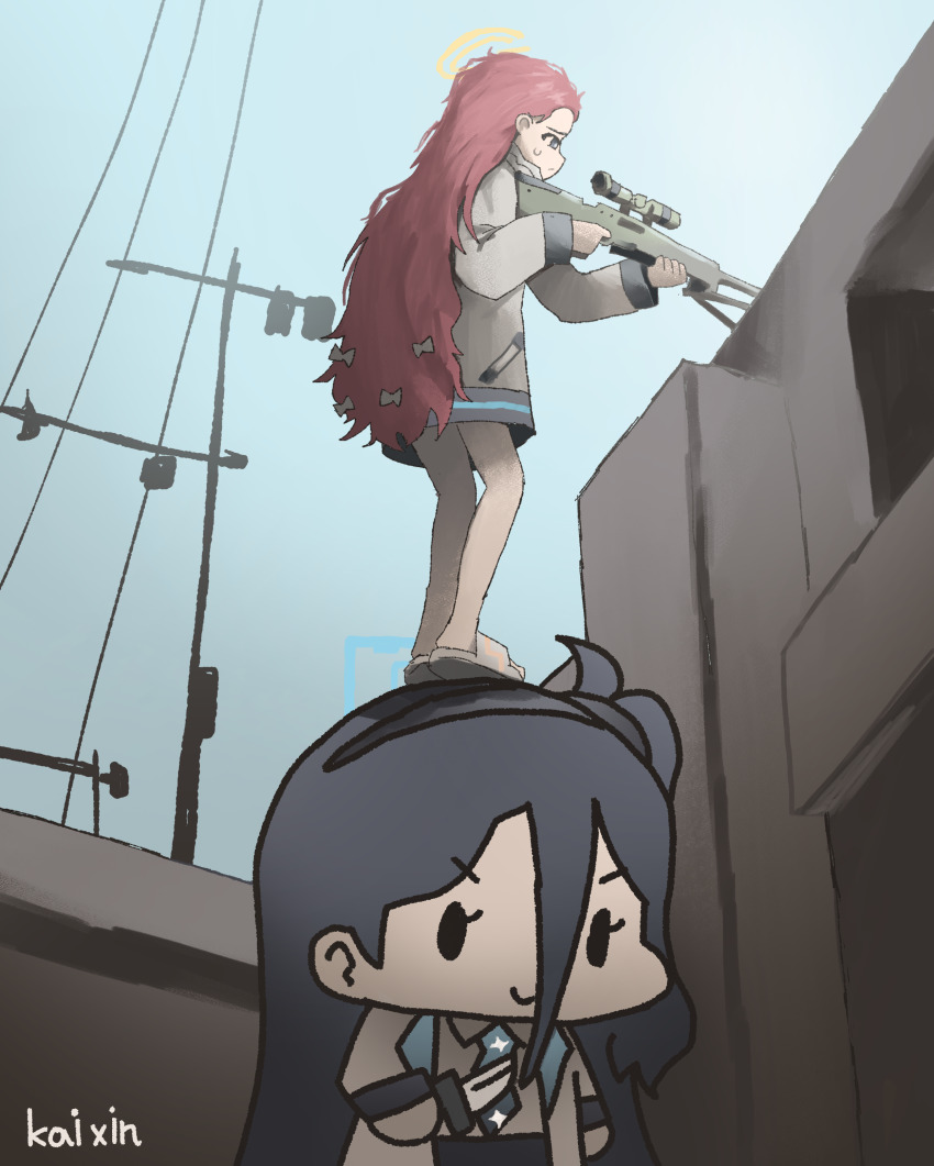 2girls absurdres ai_arctic_warfare aiming aris_(blue_archive) artist_name blue_archive blue_necktie bolt_action c: chibi commentary counter-strike_(series) english_commentary forehead from_side gameplay_mechanics gun hair_between_eyes halo highres holding holding_gun holding_knife holding_weapon jacket kai_xin knife long_hair long_sleeves multiple_girls necktie olofboost orange_halo outdoors power_lines red_hair rifle sechi_(sechihyeo)_(style) smile sniper_rifle standing standing_on_person very_long_hair weapon white_jacket yuzu_(blue_archive)