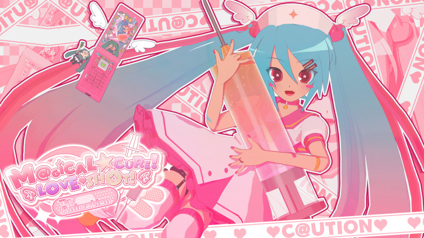 2girls absurdres bad_source bandaid bandaid_on_arm bandaid_on_face blue_hair bow bowtie brown_eyes cowboy_shot dress fang food hachune_miku hair_between_eyes hair_ornament hat hatsune_miku heart heart_hair_ornament highres holding holding_food holding_spring_onion holding_syringe holding_vegetable kio_(majin_kz) large_syringe long_hair looking_at_viewer m@gical_cure!_love_shot!_(vocaloid) multiple_girls nurse nurse_cap one_eye_closed open_mouth oversized_object phone puffy_short_sleeves puffy_sleeves short_sleeves simple_background skin_fang smile solo_focus song_name sparkling_eyes spring_onion standing syringe thighhighs vegetable vocaloid white_background white_dress wings yellow_bow yellow_bowtie