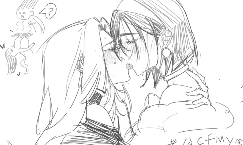 2girls alien_stage blush closed_eyes ear_blush earrings french_kiss greyscale hairband hand_on_another&#039;s_back jewelry kiss kotori_(b-i-r-d) long_hair mizi_(alien_stage) monochrome multiple_girls short_hair sua_(alien_stage) tears tongue tongue_out yuri