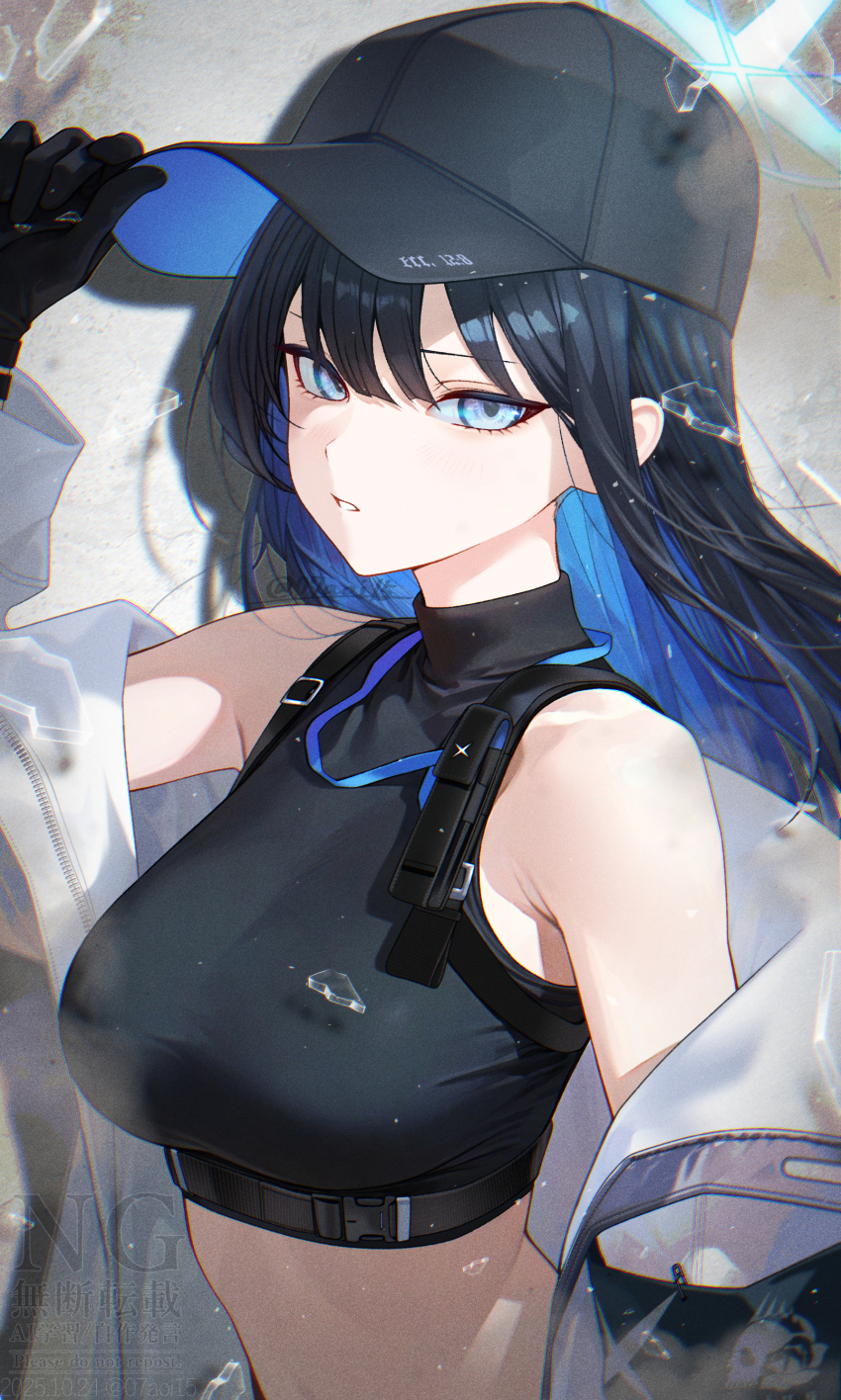 1girl absurdres aoi_(07aoi15) bare_shoulders baseball_cap black_gloves black_hair black_hat blue_archive blue_eyes blue_hair blue_halo breasts broken_glass coat colored_inner_hair commentary_request crop_top cropped_shirt glass glass_shards gloves halo hat highres long_hair looking_at_viewer midriff multicolored_hair off_shoulder open_clothes open_coat saori_(blue_archive) shards solo upper_body white_coat