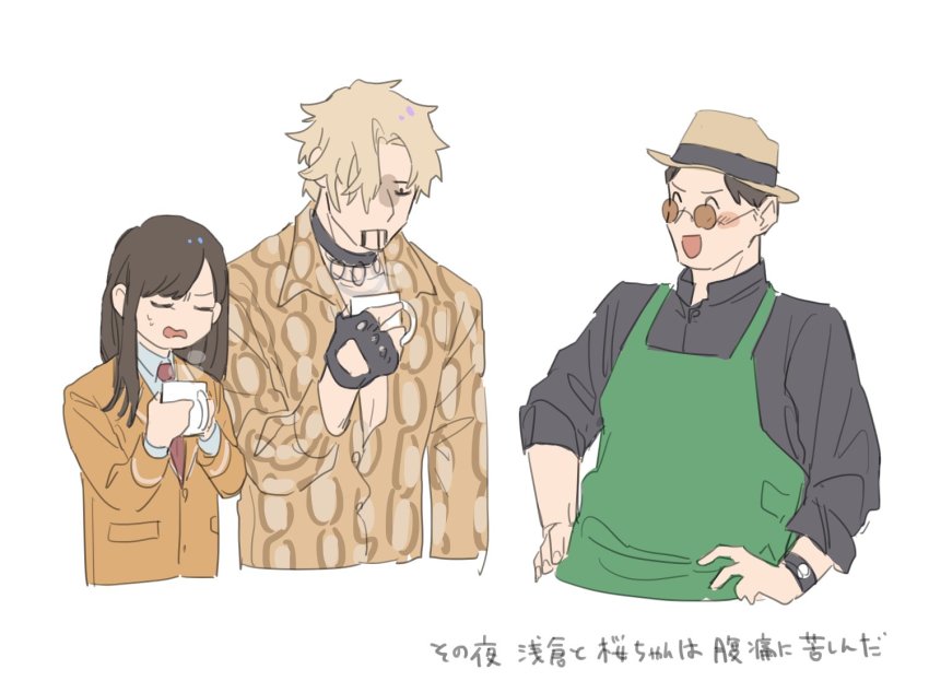 1girl 2boys apron armor asakura_takeshi barista bbbb_fex black_eyes coffee_mug cup gloves green_apron hand_on_own_hip igarashi_sakura isurugi_souichi kamen_rider kamen_rider_build_(series) kamen_rider_revice kamen_rider_ryuki_(series) mug multiple_boys necktie orange_gloves purple_armor red_armor school_uniform shirt sleeves_rolled_up smile snake_print staff trait_connection