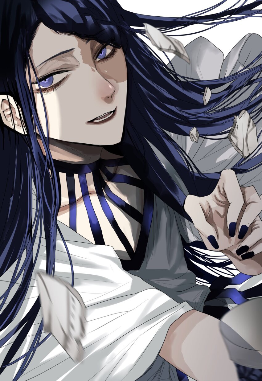 1girl ado_(utaite) blue_eyes blue_hair blue_nails braid braided_bangs commentary dress floating_hair gira-gira-chan_(ado) gira_gira gunjyou_(gunjyou_00) highres long_hair looking_at_viewer motion_blur nail_polish open_mouth solo teeth upper_body white_background white_dress