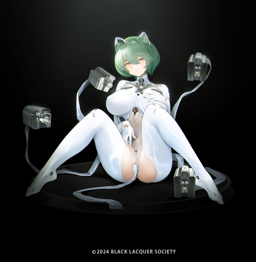 1girl absurdres admiral_nakhimov_(azur_lane) animal_ears azur_lane battery_indicator black_background blackcat_enjia blush bodysuit bodysuit_aside breasts breasts_apart cat_ears chromatic_aberration clothing_aside clothing_cutout commentary copyright_notice crotch_cutout crotchless crotchless_bodysuit fake_animal_ears floating floating_object floating_weapon full_body furrowed_brow gloves green_hair hair_between_eyes hand_on_own_chest highres impossible_bodysuit impossible_clothes large_breasts looking_at_viewer m_legs mechanical_ears object_insertion parted_lips pussy raised_eyebrows short_hair simple_background sitting solo spread_legs turtleneck turtleneck_bodysuit uncensored vaginal vaginal_object_insertion white_bodysuit white_gloves yellow_eyes