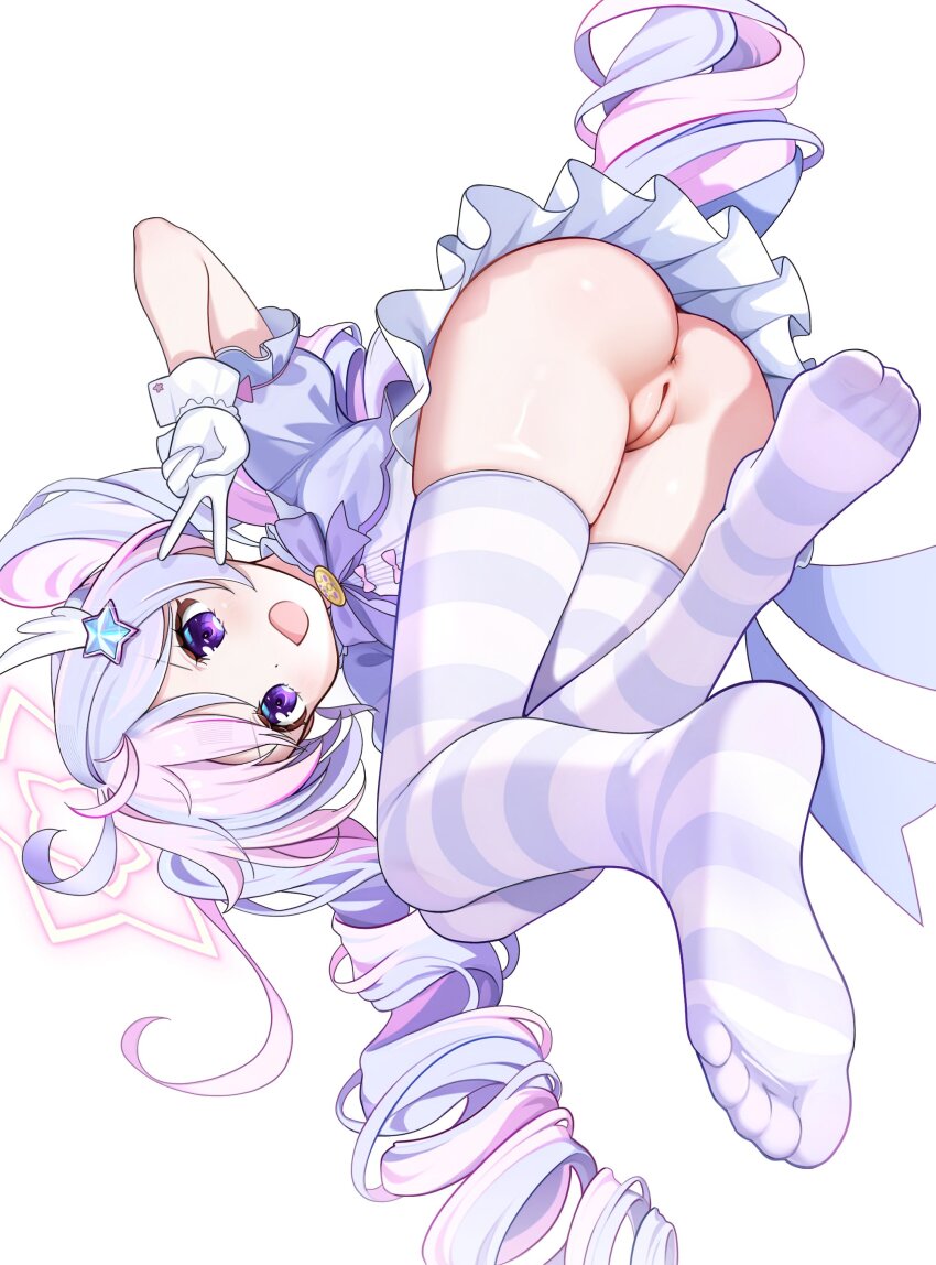 1girl :d absurdres ahoge anus ass aviary blue_archive blush bow bowtie cleft_of_venus dot_nose drill_hair feet frilled_gloves frilled_skirt frills full_body gloves hair_ornament halo hand_up highres loli long_hair looking_at_viewer magical_girl multicolored_hair no_panties no_shoes open_mouth pink_bow pink_hair purple_bow purple_bowtie purple_hair purple_halo pussy reisa_(blue_archive) reisa_(magical)_(blue_archive) shirt_bow short_sleeves simple_background skirt smile soles solo star_(symbol) star_hair_ornament star_halo striped_clothes striped_thighhighs thighhighs thighs toes twin_drills twintails two-tone_thighhighs uncensored v v_over_eye very_long_hair white_background white_gloves wing_hair_ornament zettai_ryouiki