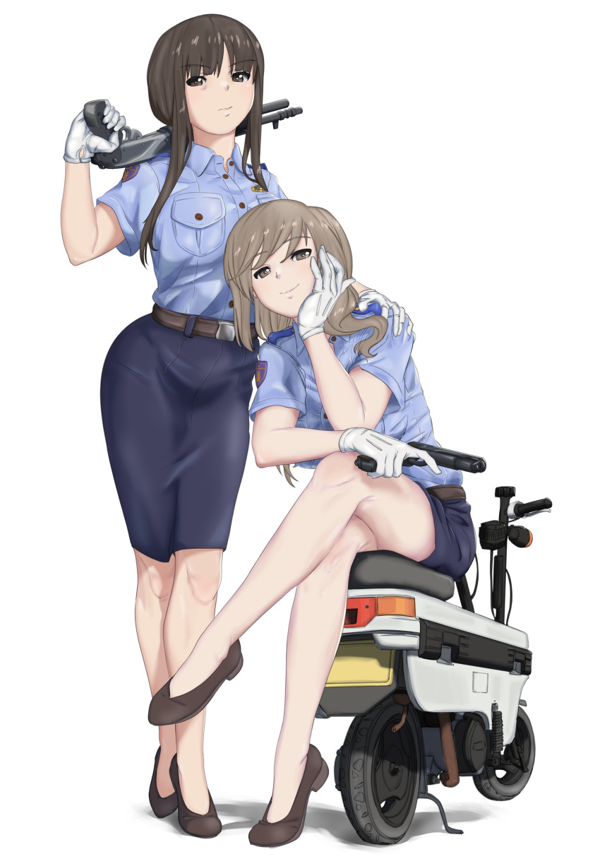 2girls absurdres bare_legs belt black_belt black_eyes black_footwear black_hair blue_shirt blue_skirt closed_mouth collared_shirt commentary cosplay crossed_legs english_commentary frown girls_und_panzer gloves gun half-closed_eyes hand_on_another&#039;s_shoulder handgun head_rest highres holding holding_gun holding_weapon honda_motocompo huaronanago japan_national_police mature_female medium_skirt miniskirt motor_vehicle motorcycle multiple_girls nishizumi_shiho on_motorcycle on_vehicle over_shoulder pencil_skirt police police_uniform policewoman pump_action shadow shimada_chiyo shirt shoes short_sleeves shotgun simple_background sitting skirt smile standing taiho_shichauzo textless_version weapon weapon_over_shoulder white_background white_gloves