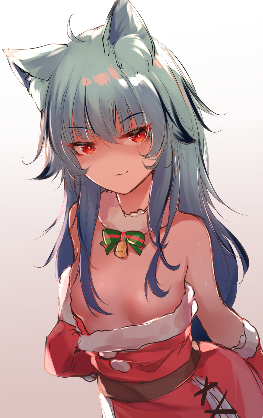 1girl :3 absurdres ahoge animal_ear_fluff animal_ears bare_shoulders bell blue_hair blush bow bowtie breasts christmas clothes_pull convenient_censoring dress dress_pull fur_trim gloves green_bow green_bowtie hair_censor hair_flaps hat highres kana616 kana_(kana616) naughty_face neck_bell no_bra original red_dress red_eyes red_gloves santa_costume santa_dress santa_gloves santa_hat seductive_smile sleeveless sleeveless_dress small_breasts smile solo strapless strapless_dress white_background