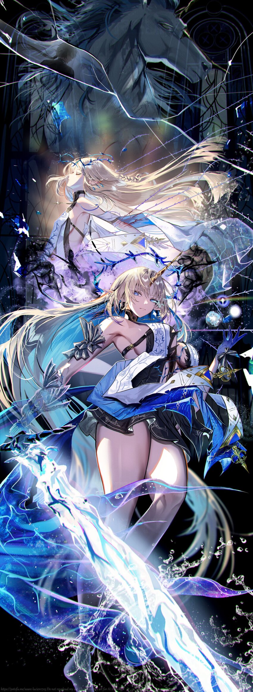 2girls absurdres armpits bare_legs bare_shoulders black_collar black_dress blue_eyes blue_hair breasts broken_glass cartethyia_(wuthering_waves) closed_eyes closed_mouth collar colored_inner_hair commentary_request dress dual_persona earrings fleurdelys_(wuthering_waves) floating_earrings glass highres holding holding_sword holding_weapon horns huge_breasts imperator_(wuthering_waves) jewelry long_horns male_rover_(wuthering_waves) medium_breasts multicolored_hair multiple_girls partial_commentary pointy_ears rover_(wuthering_waves) sidelocks single_horn soare_lucien sword tabard unicorn weapon white_tabard wuthering_waves yellow_horns