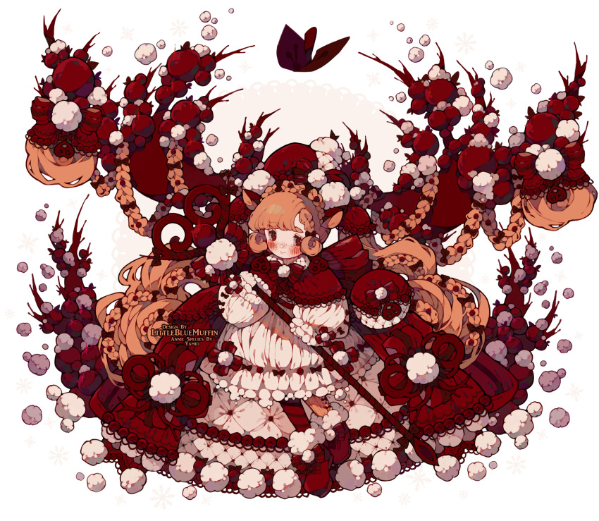 1girl absurdly_long_hair adoptable animal_ears antlers artist_name asymmetrical_legwear blunt_bangs blush blush_stickers boots bow bow_legwear braid cape chibi circle closed_mouth commentary deer_antlers deer_ears dress dress_bow english_commentary eyelashes fluffy footwear_bow freckles frilled_dress frilled_sleeves frills fur-trimmed_boots fur_trim hair_bow hair_rings highres holding holding_staff horns lace-trimmed_bow lace-trimmed_cape lace_trim littlebluemuffin long_hair long_sleeves multiple_braids multiple_hair_bows orange_hair orange_pantyhose original painttool_sai_(medium) pantyhose puffy_long_sleeves puffy_sleeves red_boots red_bow red_cape red_eyes red_pantyhose short_dress sleeves_past_wrists smile snow staff striped_bow striped_clothes striped_pantyhose transparent_background two-tone_pantyhose very_long_hair watermark white_dress
