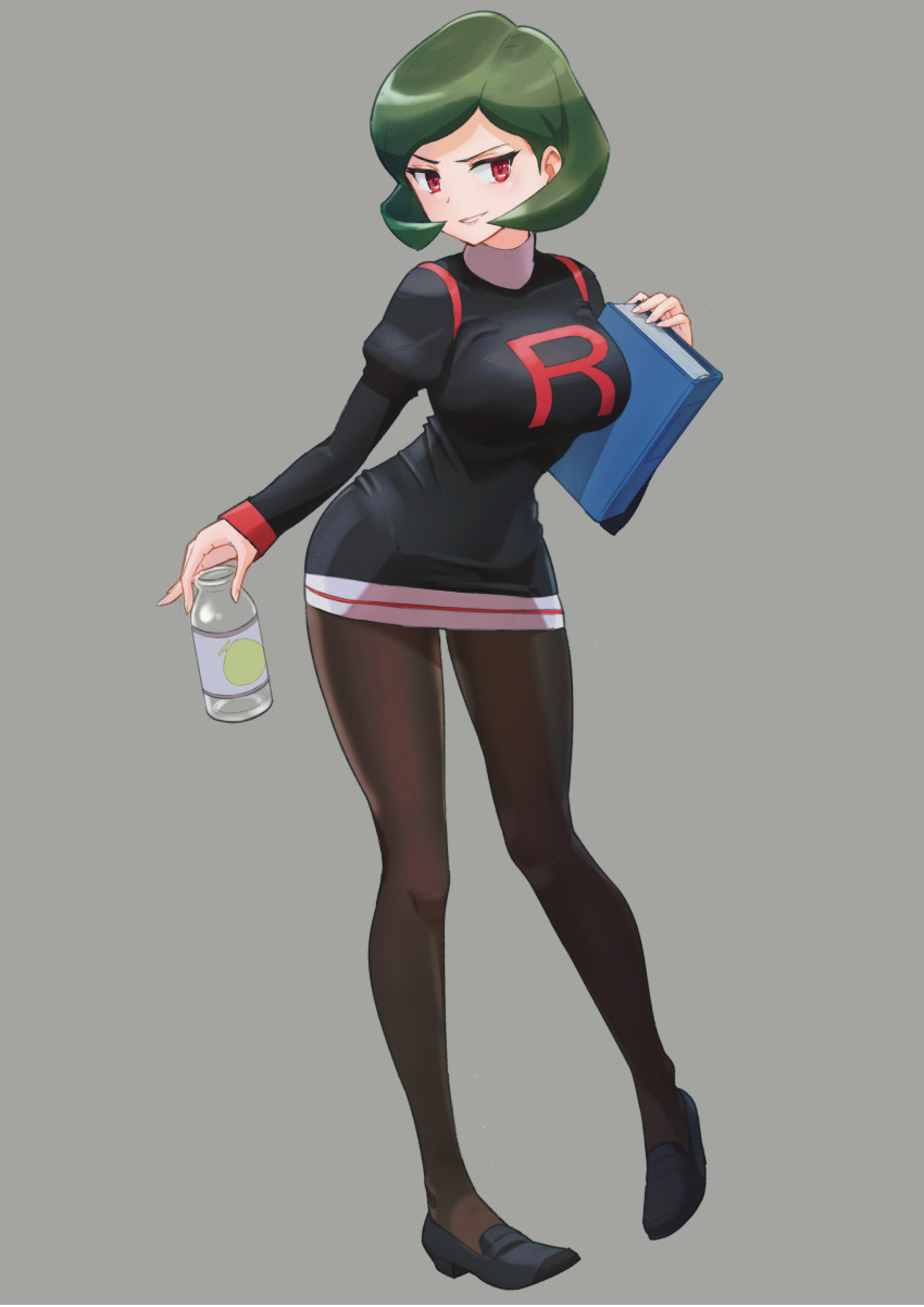 1girl absurdres banka_(pixiv21424331) black_dress black_shoes blush breasts brown_pantyhose commentary_request commission dress eyelashes full_body glass_bottle green_hair grey_background highres holding knees long_sleeves nintendo pantyhose parted_lips pigeon-toed pixiv_commission pokemon pokemon_(anime) pokemon_(classic_anime) pokemon_ep231 red_eyes shoes short_dress short_hair simple_background smile solo standing team_rocket wendy_(pokemon)