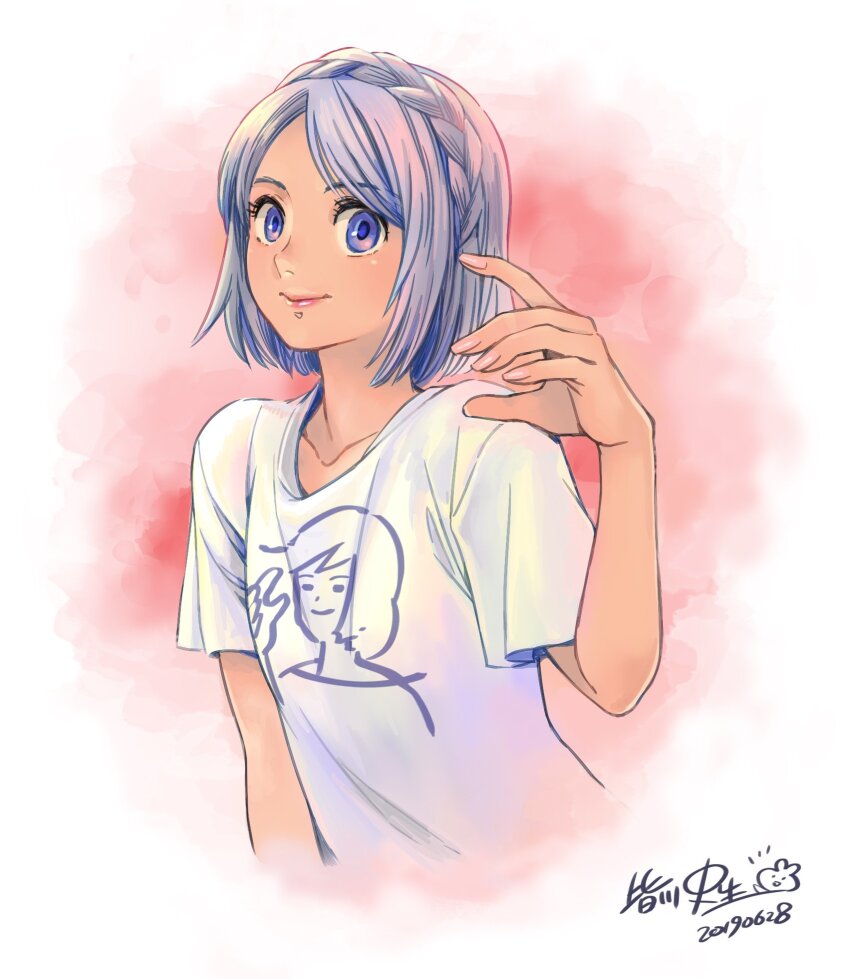 1girl 2019 arm_at_side artist_name blue_eyes blue_hair braid closed_mouth collarbone crown_braid dated eyelashes final_fantasy final_fantasy_xiv fingernails hand_up highres hyur minagawa_fumio red_lips second-party_source shirt short_hair short_sleeves smile solo swept_bangs t-shirt warrior_of_light_(ff14) white_shirt