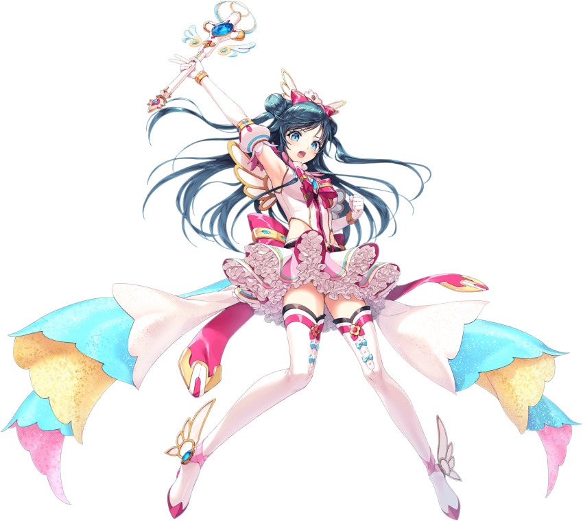 1girl ankle_wings arm_up armpits artist_request blue_eyes bow breasts clenched_hand detached_sleeves double_bun frills full_body game_cg hair_bow hair_bun highres magical_girl official_alternate_costume official_art open_mouth pink_bow sanya_(unitia) solo source_request transparent_background unitia wings