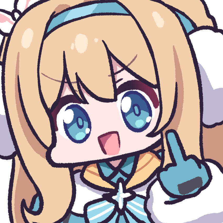 1girl blue_eyes blush brown_hair girls&#039;_frontline girls&#039;_frontline_2:_exilium gloves hair_between_eyes hair_ornament hairband highres long_hair looking_at_viewer middle_finger open_mouth panatisia photo-referenced portrait ribbon solo suomi_(girls&#039;_frontline) suomi_(girls&#039;_frontline_2) winter_clothes