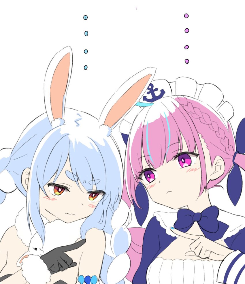 ... 2girls ahoge anchor animal_ear_fluff animal_ears black_gloves black_leotard blue_dress blue_hair blue_nails blue_ribbon blush braid brown_eyes closed_mouth detached_sleeves don-chan_(usada_pekora) dress eye_contact fur-trimmed_gloves fur_trim gloves hair_ribbon highres hololive kiritoma leotard long_hair looking_at_another maid_headdress minato_aqua minato_aqua_(1st_costume) multicolored_hair multiple_girls nail_polish pink_hair pointing puffy_short_sleeves puffy_sleeves purple_eyes rabbit-shaped_pupils rabbit_ears ribbon short_eyebrows short_sleeves simple_background strapless strapless_leotard streaked_hair symbol-shaped_pupils thick_eyebrows twin_braids twintails two-tone_hair upper_body usada_pekora usada_pekora_(1st_costume) virtual_youtuber white_background white_hair white_sleeves wrist_cuffs
