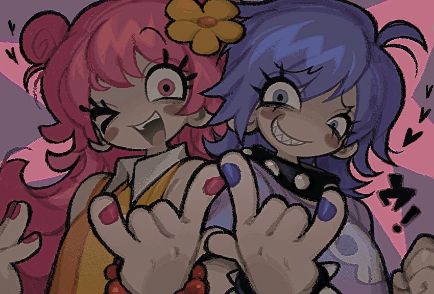 2girls \m/ blue_eyes bracelet choker collar dress flower hair_flower hair_ornament hi_hi_puffy_amiyumi highres jewelry looking_at_viewer multiple_girls nail_polish one_eye_closed oonuki_ami pink_eyes pink_hair pink_nails punk purple_hair purple_nails purple_shirt sharp_teeth shirt spiked_bracelet spiked_choker spiked_collar spikes teeth tonkatsu184 white_collar yellow_dress yoshimura_yumi