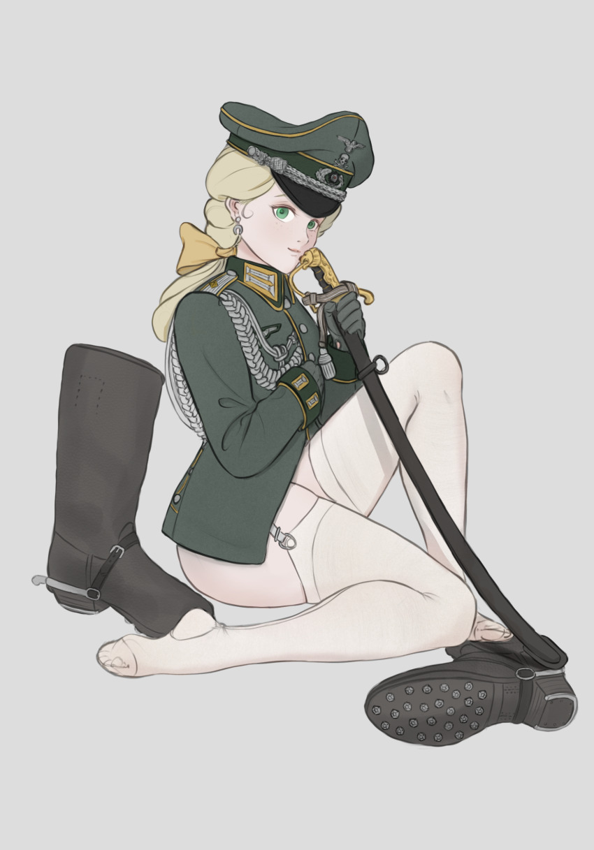 1girl aiguillette blonde_hair boots garter_straps german_army green_eyes grey_background hair_ribbon hat highres holding holding_sword holding_weapon mg_g military military_hat military_uniform no_pants on_ground original reichsadler ribbon saber_(weapon) simple_background spurs sword thighhighs totenkopf weapon wehrmacht white_thighhighs world_war_ii