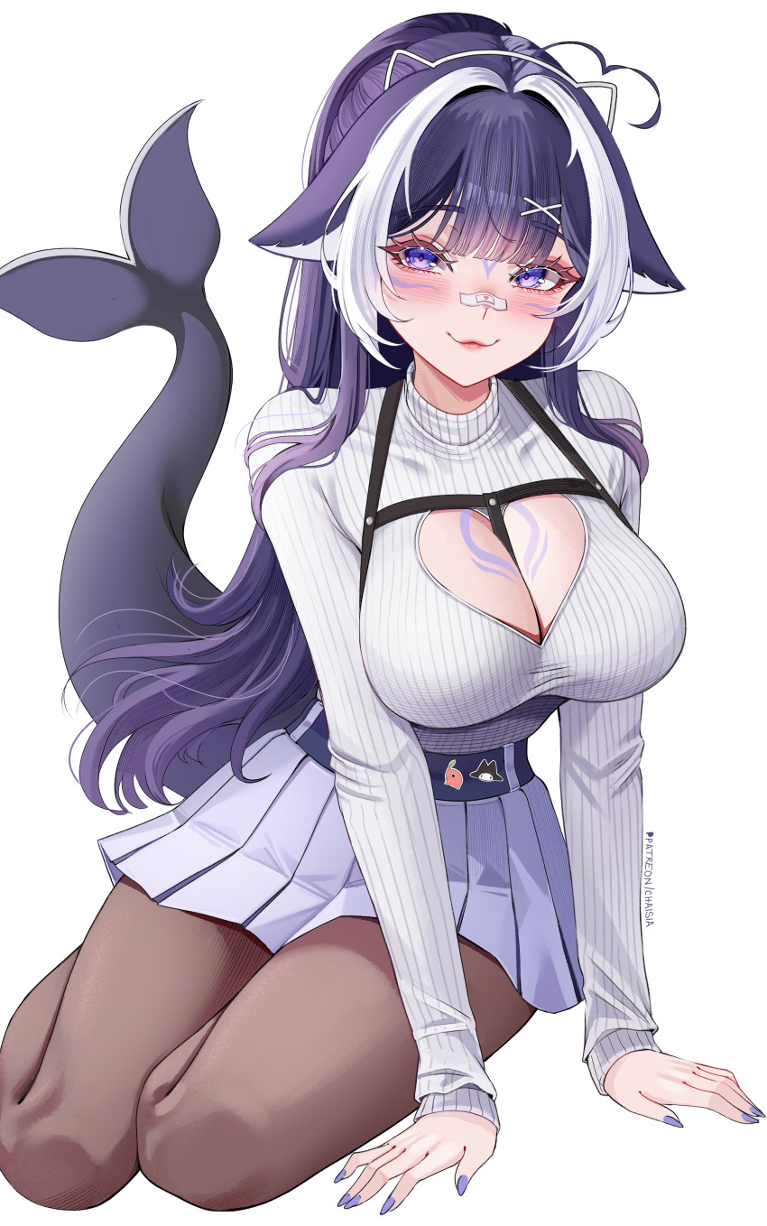 1girl absurdres ahoge bandaid bandaid_on_face bandaid_on_nose black_hair black_pantyhose blue_nails blush body_markings breasts cetacean_tail chaisia_art cleavage cleavage_cutout clothing_cutout commentary english_commentary facial_mark fins fish_tail heart heart_ahoge heart_cutout highres indie_virtual_youtuber large_breasts long_hair looking_at_viewer meme_attire multicolored_hair official_alternate_costume open-chest_sweater orca_girl paid_reward_available pantyhose pleated_skirt purple_eyes shylily sitting skirt smile solo streaked_hair sweater tail virtual_youtuber white_hair