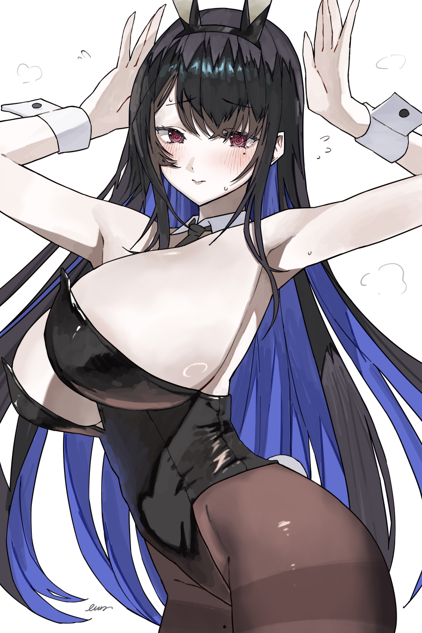 absurdres animal_ears armpits bare_shoulders black_hair black_leotard black_pantyhose blue_hair blush breasts cowboy_shot ewn fake_animal_ears fake_tail grey_background highres hololive hololive_english huge_breasts leotard mole mole_under_eye multicolored_hair nerissa_ravencroft pantyhose playboy_bunny rabbit_ears rabbit_tail simple_background strapless tail two-tone_hair virtual_youtuber