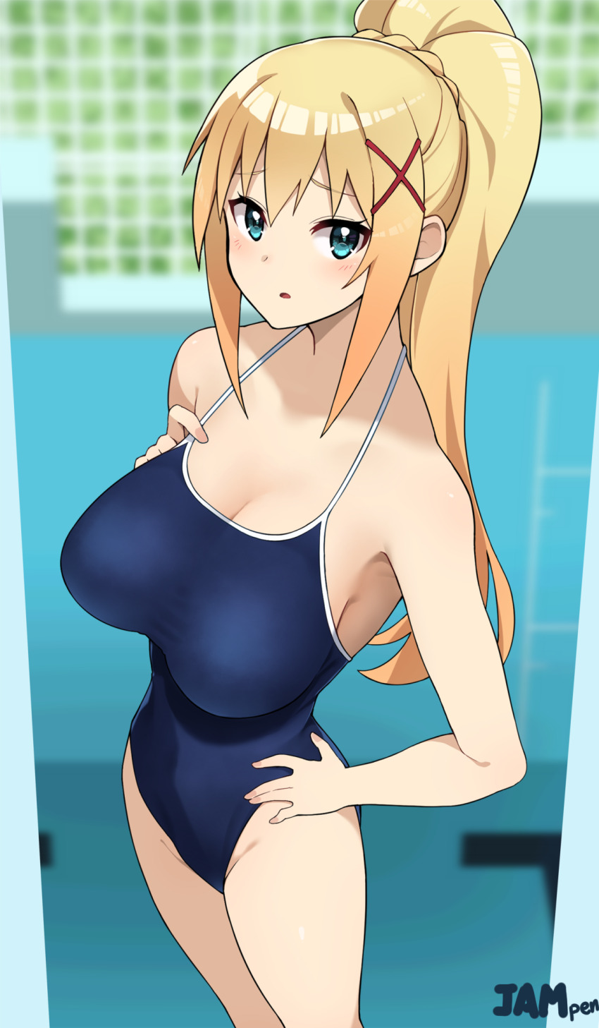 1girl artist_name blonde_hair blue_eyes blush breasts competition_school_swimsuit cowboy_shot darkness_(konosuba) hair_ornament hand_on_own_hip highres indoors jampen kono_subarashii_sekai_ni_shukufuku_wo! large_breasts long_hair looking_at_viewer ponytail pool school_swimsuit solo swimsuit x_hair_ornament