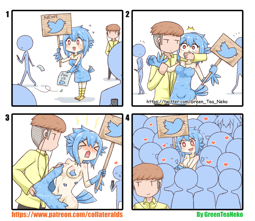 4koma ^^^ absurdres bad_id bad_pixiv_id comic covering_own_mouth english_text greenteaneko highres monster_girl original square_4koma surprised tagme twitter_logo watermark web_address winged_arms wings