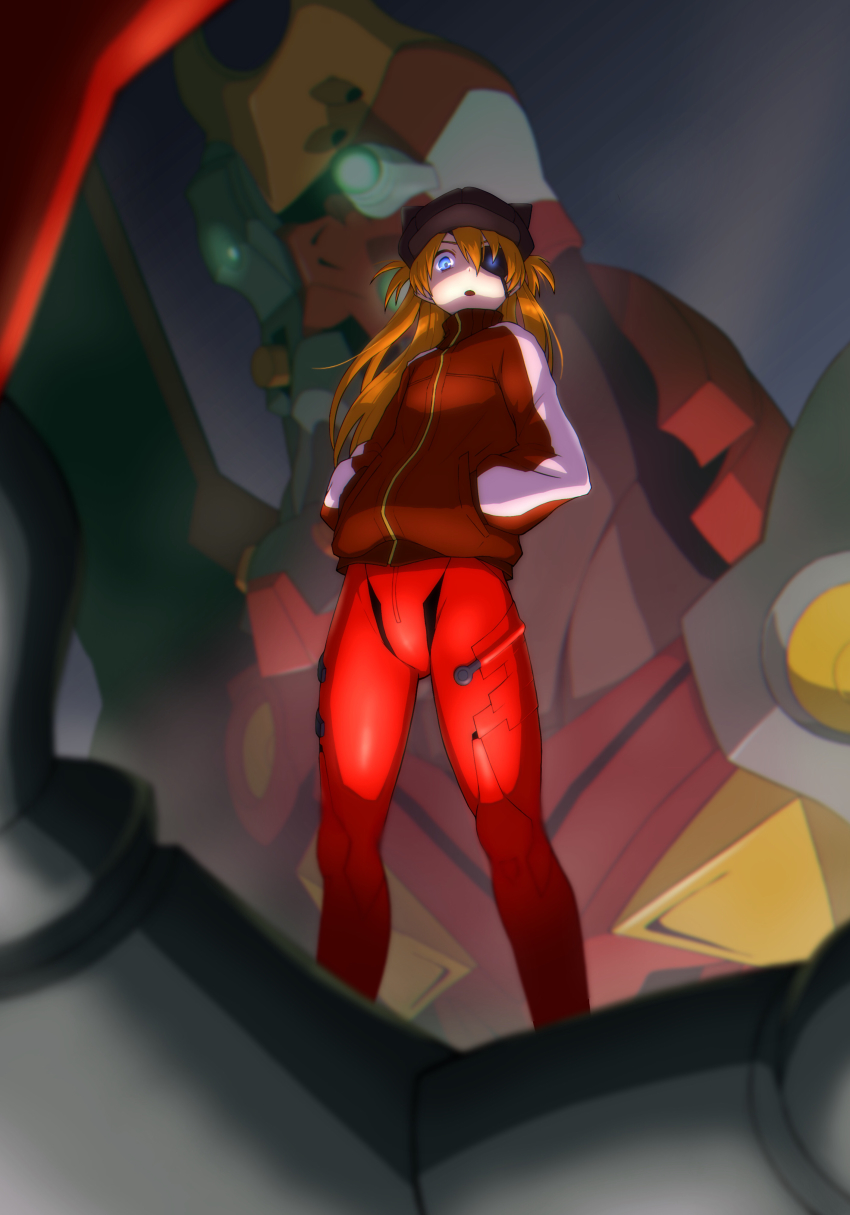 1girl absurdres alternate_hair_length alternate_hairstyle artist_request blue_eyes bodysuit breasts brown_hair eva_02 evangelion:_3.0_you_can_(not)_redo eyepatch giant glowing glowing_eyes highres long_hair looking_at_viewer mecha mecha_pilot_suit neon_genesis_evangelion plugsuit_(evangelion) rebuild_of_evangelion robot shaded_face shiny_clothes souryuu_asuka_langley very_long_hair wide_hips