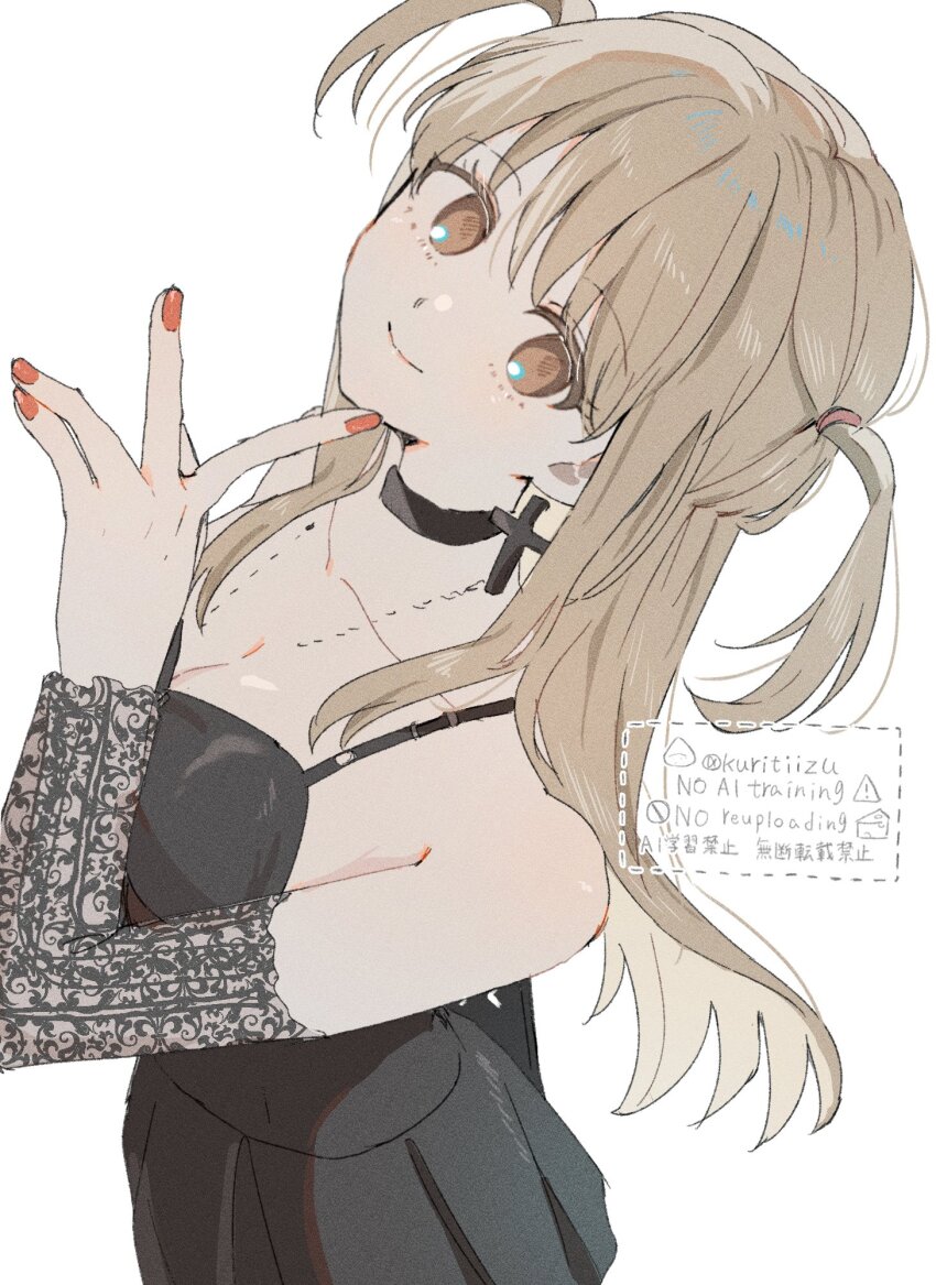 1girl amane_misa black_dress blonde_hair closed_mouth cowboy_shot cross cross_earrings death_note detached_sleeves dress earrings highres jewelry kuritiizu lace lace_sleeves long_hair looking_at_viewer nail_polish orange_nails simple_background smile solo spaghetti_strap two_side_up watermark white_background yellow_eyes