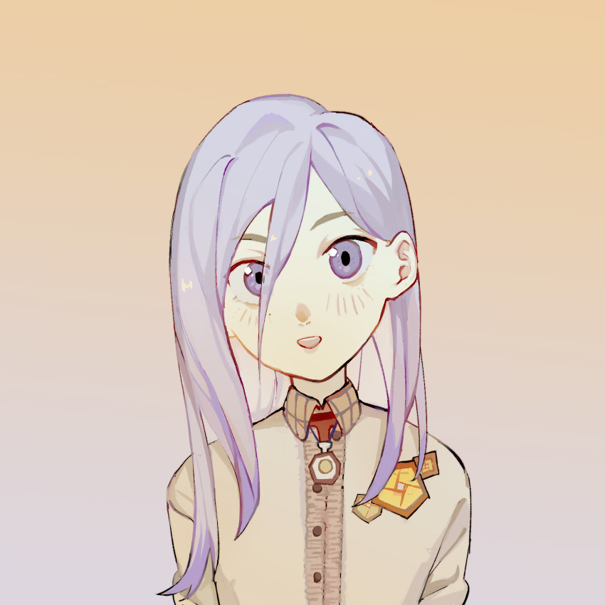 1girl brown_shirt cardigan character_request chinese_commentary chuanhua collared_shirt commentary_request gradient_background hair_behind_ear hair_between_eyes harry_potter:_magic_awakened harry_potter_(series) highres looking_at_viewer open_mouth purple_eyes purple_hair shirt simple_background smile solo upper_body white_cardigan wizarding_world