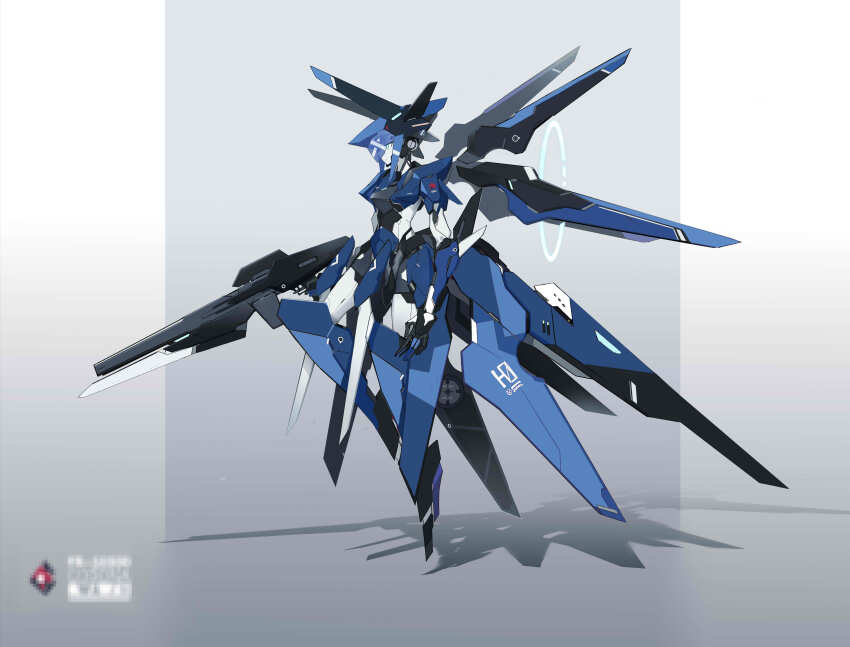 1girl absurdres grey_background gun highres holding holding_gun holding_weapon jhcrow3 mecha mechanical_wings no_humans open_hand original rifle robot science_fiction shadow solo variant_set weapon wings