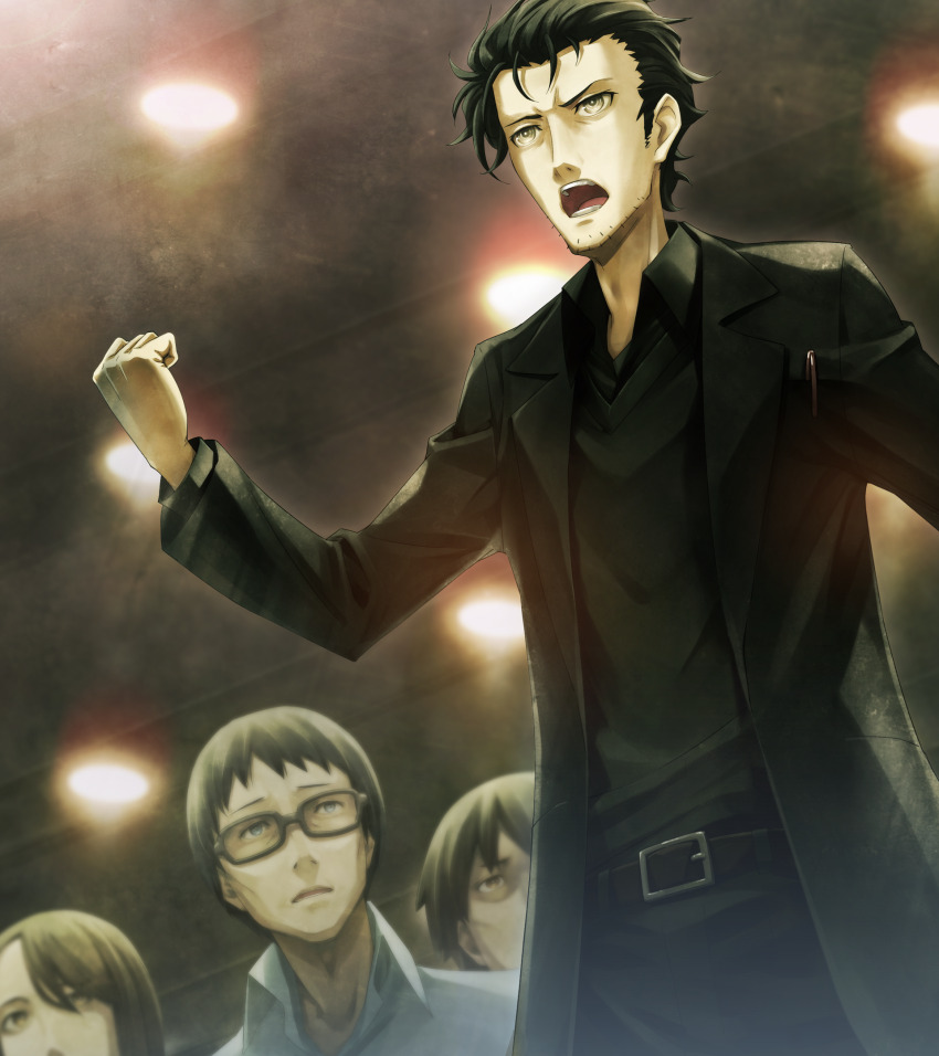1girl 3boys adam&#039;s_apple annoyed beard_stubble belt belt_buckle black_cardigan black_hair black_jacket black_pants black_shirt breast_pocket buckle cardigan clenched_hand collared_shirt facial_hair game_cg hand_up highres huke jacket lapels leather_belt multiple_boys narrowed_eyes non-web_source notched_lapels object_in_pocket official_art okabe_rintarou okabe_rintarou_(beta) open_mouth pants pen_in_pocket pocket raised_fist ringed_eyes shirt short_hair square_pupils standing steins;gate steins;gate_0 stubble tongue yellow_eyes