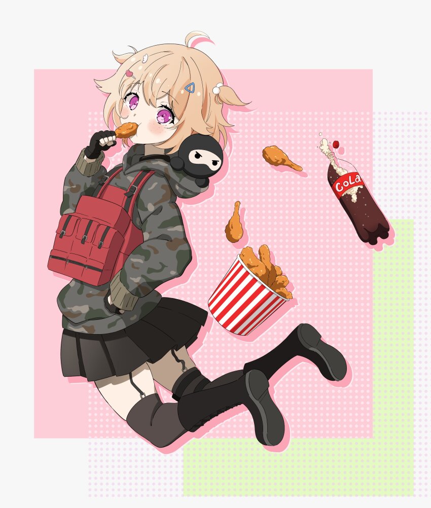 1girl absurdres ahoge black_boots black_gloves black_shirt black_skirt black_thighhighs blonde_hair boots border bucket_of_chicken bulletproof_vest camouflage camouflage_jacket chicken_(food) chicken_leg cola collared_shirt commentary_request drop_shadow fingerless_gloves food fried_chicken garter_straps gloves hair_bobbles hair_ornament hairclip hand_up heart heart_hair_ornament highres holding holding_food hood hooded_jacket indie_virtual_youtuber jaal_art jacket light_blush looking_at_viewer military_uniform outside_border pink_background pleated_skirt polka_dot polka_dot_background purple_eyes raised_eyebrows red_vest shirt short_hair skirt soda soda_bottle solo spanish_commentary sylvie_ruru thighhighs two_side_up vest virtual_youtuber white_border wing_hair_ornament zettai_ryouiki