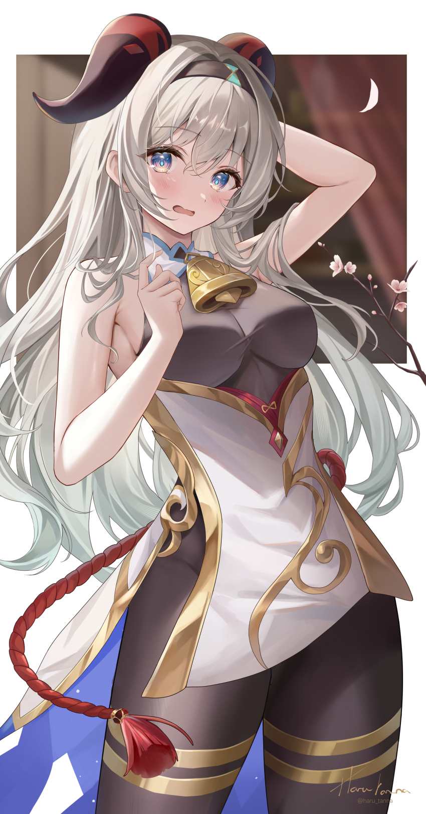 1girl absurdres aqua_hair arm_behind_head bare_shoulders bell black_pantyhose blush bodystocking bodysuit breasts commentary cosplay dress english_commentary firefly_(honkai:_star_rail) ganyu_(genshin_impact) ganyu_(genshin_impact)_(cosplay) genshin_impact goat_horns gradient_hair grey_hair halterneck hand_up harukix highres honkai:_star_rail honkai_(series) horns long_hair looking_at_viewer multicolored_hair neck_bell pantyhose parted_lips simple_background solo standing very_long_hair white_background white_dress