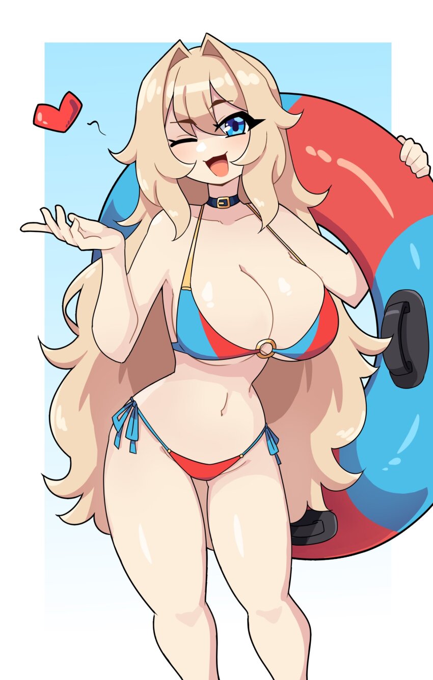 1girl :3 absurdres bikini blue_background blue_collar blue_eyes border breasts cleavage collar collarbone daigada gradient_background hair_between_eyes hair_intakes hand_up heart highres holding holding_swim_ring innertube large_breasts long_hair looking_at_viewer multicolored_bikini navel o-ring o-ring_bikini one_eye_closed open_mouth original smile solo swim_ring swimsuit thighs white_background white_border