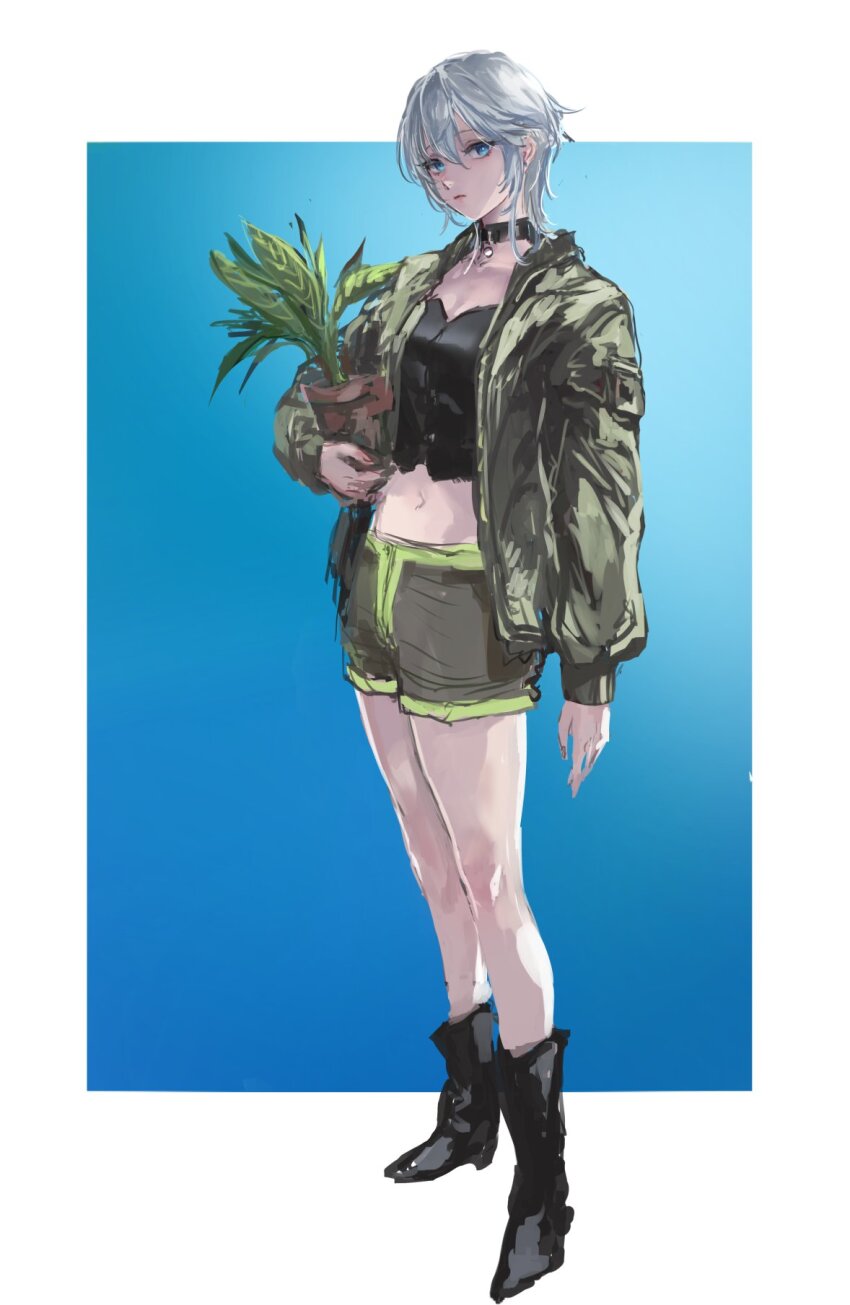 1girl anastasia_(idolmaster) arm_at_side black_boots black_choker black_shirt blue_background blue_eyes bomber_jacket boots border choker cosplay cropped_shirt expressionless full_body gradient_background green_jacket green_shorts grey_hair highres holding holding_plant idolmaster idolmaster_cinderella_girls jacket leon_the_professional looking_at_viewer mathilda_lando mathilda_lando_(cosplay) medium_hair midriff navel open_clothes open_jacket osakana_(denpa_yun&#039;yun) outside_border plant potted_plant shirt short_shorts shorts solo standing white_border