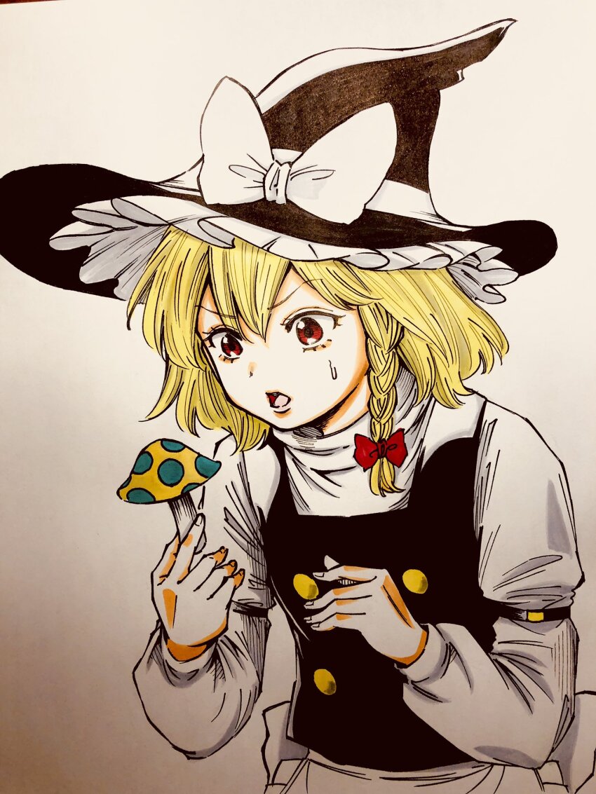 1girl apron black_hat black_vest blonde_hair bow braid frilled_hat frills hat hat_bow highres holding kirisame_marisa long_sleeves medium_hair mushroom puffy_sleeves red_eyes s590220 shirt side_braid simple_background single_braid sleeve_garter solo sweatdrop touhou traditional_media turtleneck vest waist_apron white_apron white_background white_footwear white_shirt witch_hat