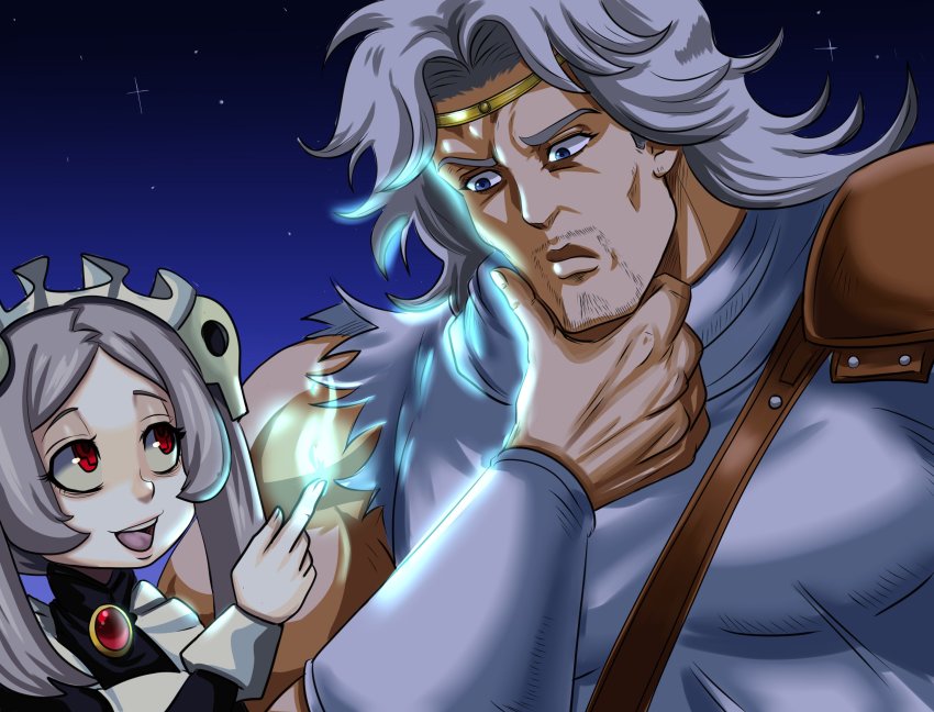 1boy 1girl apron armor bloody_marie_(skullgirls) blue_eyes brooch circlet crossover facial_hair fire frilled_apron frills grey_hair hair_ornament hand_on_own_chin highres hokuto_no_ken jewelry long_hair maid_headdress muscular muscular_male night night_sky open_mouth red_eyes skull_hair_ornament skullgirls sky smile stubble toki_(hokuto_no_ken) twintails upper_body white_hair wrist_guards