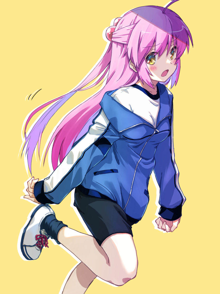 1girl ahoge akayama_yukihe alternate_costume arms_at_sides bike_shorts blue_jacket blush breasts commentary_request floating_hair from_side frown futaki_kanata gym_uniform hair_bobbles hair_ornament half_updo highres jacket little_busters! long_hair long_sleeves looking_at_viewer medium_breasts motion_lines open_mouth ponytail purple_hair shirt shoes sleeves_past_wrists sneakers solo standing standing_on_one_leg straight_hair track_jacket very_long_hair white_shirt white_shoes yellow_eyes