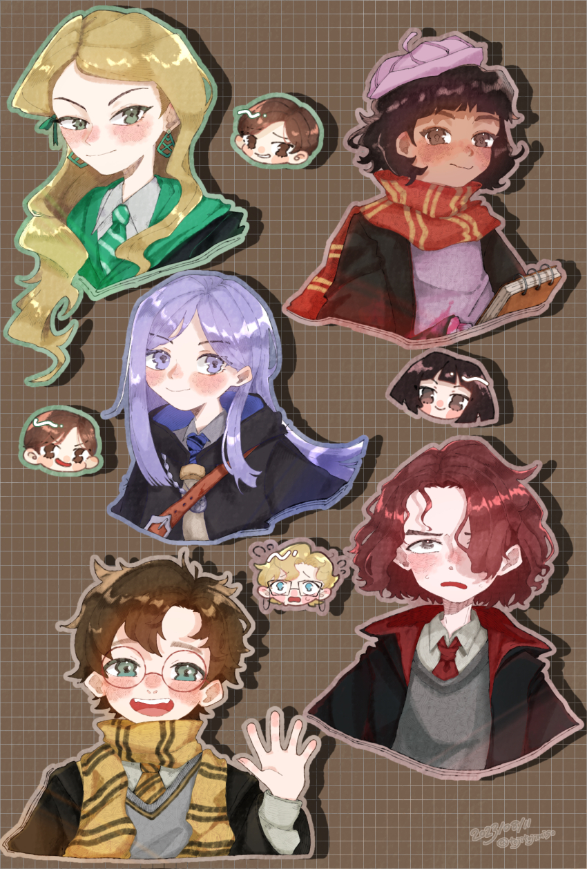 4girls 5boys beret blonde_hair blue_necktie blush brothers brown_background brown_eyes brown_hair cassandra_vole chibi colby_frey commentary_request daniel_page dark-skinned_female dark_skin dated fischer_frey flying_sweatdrops glasses green_eyes green_necktie green_ribbon gryffindor hair_over_one_eye hair_ribbon harry_potter:_magic_awakened harry_potter_(series) hat highres hogwarts_school_uniform hufflepuff ivy_warrington kevin_farrell long_hair lottie_turner mole mole_under_eye multiple_boys multiple_girls necktie one_eye_covered protagonist_(harry_potter:_magic_awakened) purple_eyes purple_hair ravenclaw red_hair red_necktie red_scarf ribbon robyn_thistlethwaite round_eyewear scarf school_uniform short_hair siblings slytherin soyogo_toji twins twitter_username wizarding_world yellow_scarf