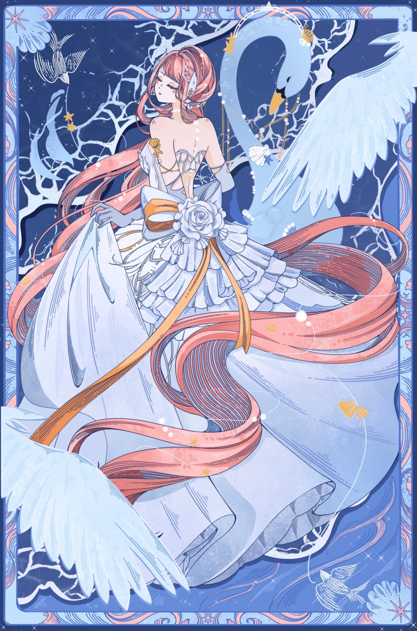 1girl absurdly_long_hair absurdres animal artist_request back_bow back_ribbon backless_dress backless_outfit bare_shoulders bird blue_background bow chinese_commentary closed_eyes commentary commentary_request dress elbow_gloves english_commentary expressionless feather_hair_ornament feathers fish flower from_behind full_body gloves gown hair_ornament head_tilt highres long_dress long_hair mixed-language_commentary nikki_(nikki) nikki_(series) outside_border oversized_animal parted_lips picture_frame pink_hair pleated_dress ribbon rose second-party_source shoulder_blades single_hair_intake skirt_hold solo standing swan very_long_hair water white_bow white_dress white_flower white_gloves white_rose yellow_ribbon